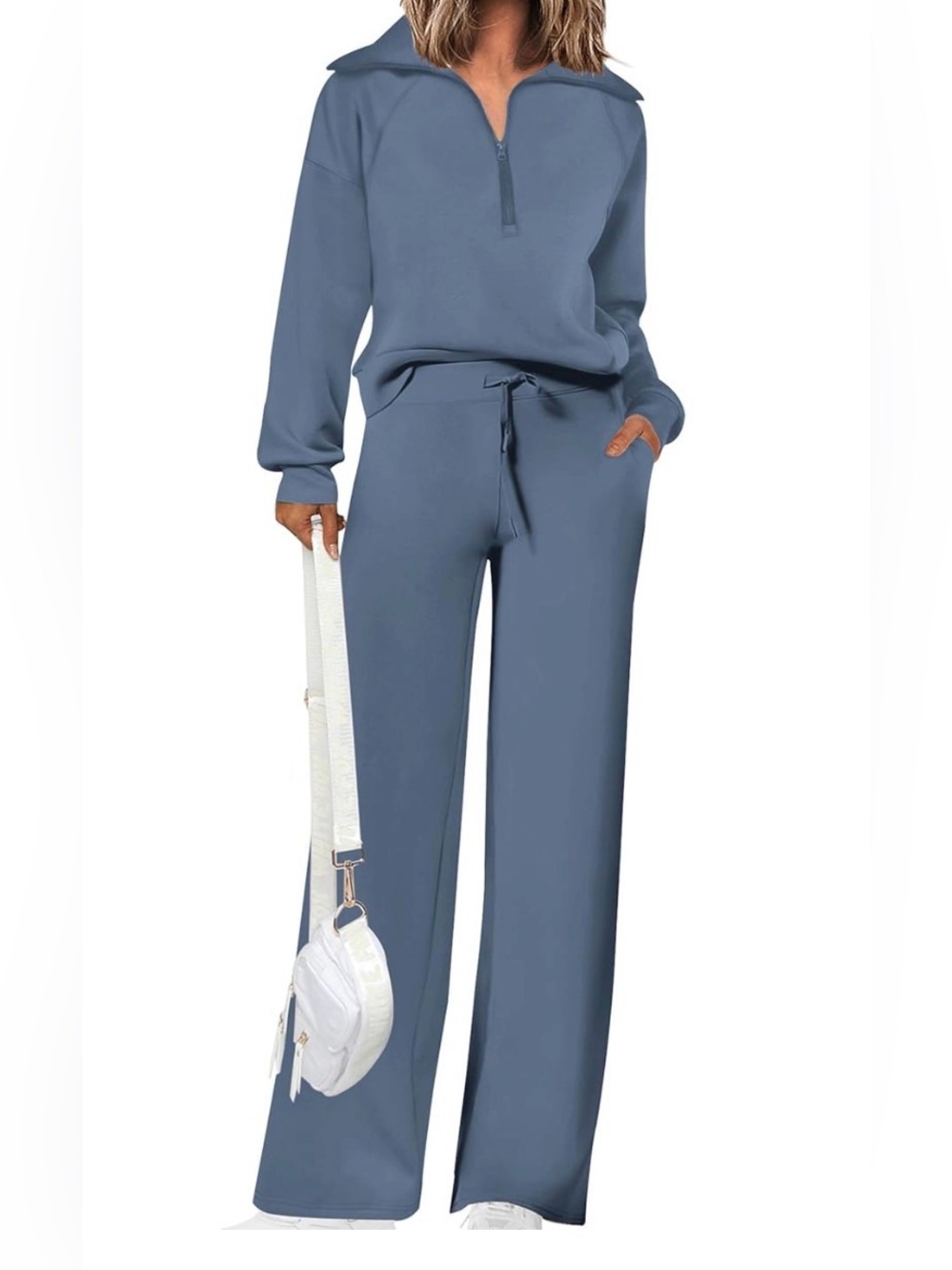 PRETTYGARDEN Women's Casual Lapel Half Zip Sweatsuit Set - light blue